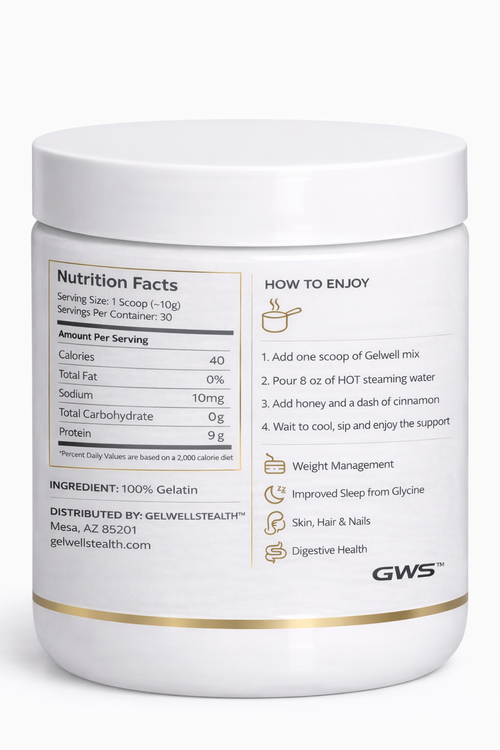 Gelwell Collagen Gelatin back label showing Nutrition Facts, 100% Gelatin ingredient, and benefits for Skin, Hair, Joints and Digestive Health